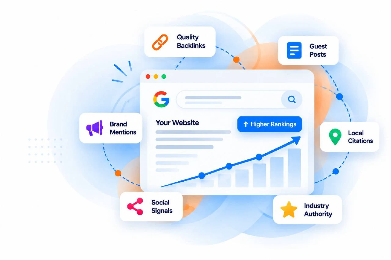 Off-page SEO services illustration showing backlinks, guest posts, brand mentions and local citations improving Google rankings
