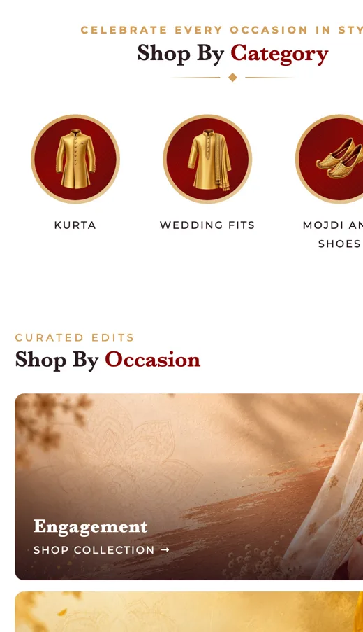 Royal ethnic menswear Shopify store on mobile