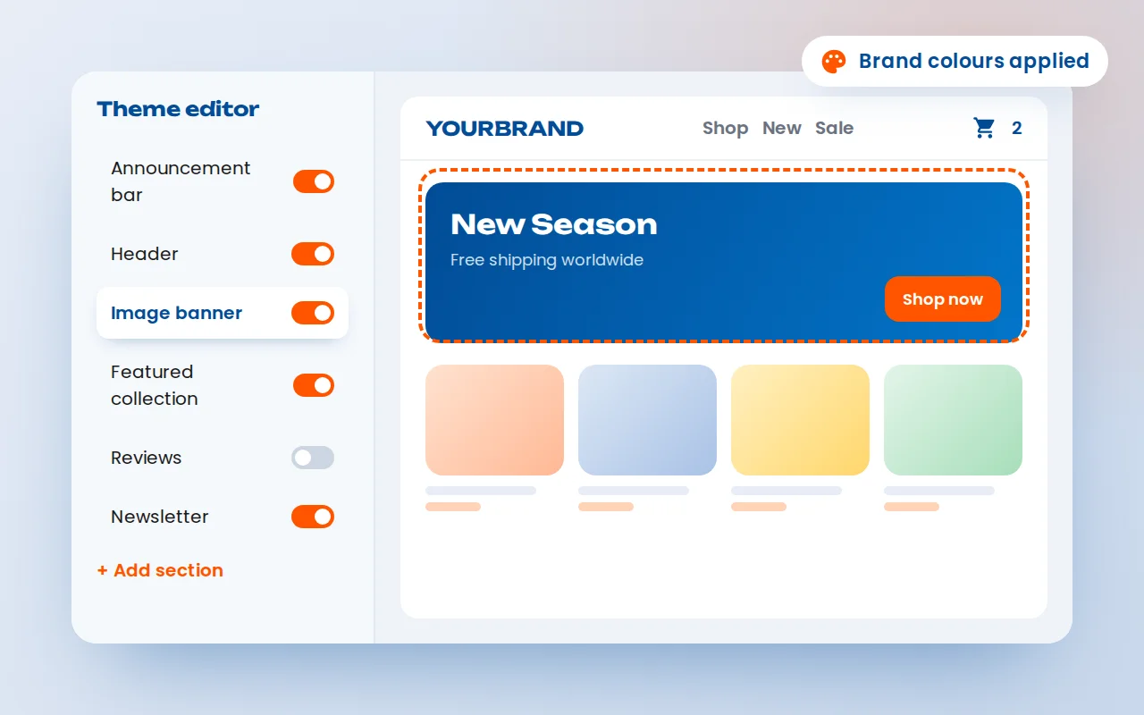 Shopify theme editor customising store sections and brand colours
